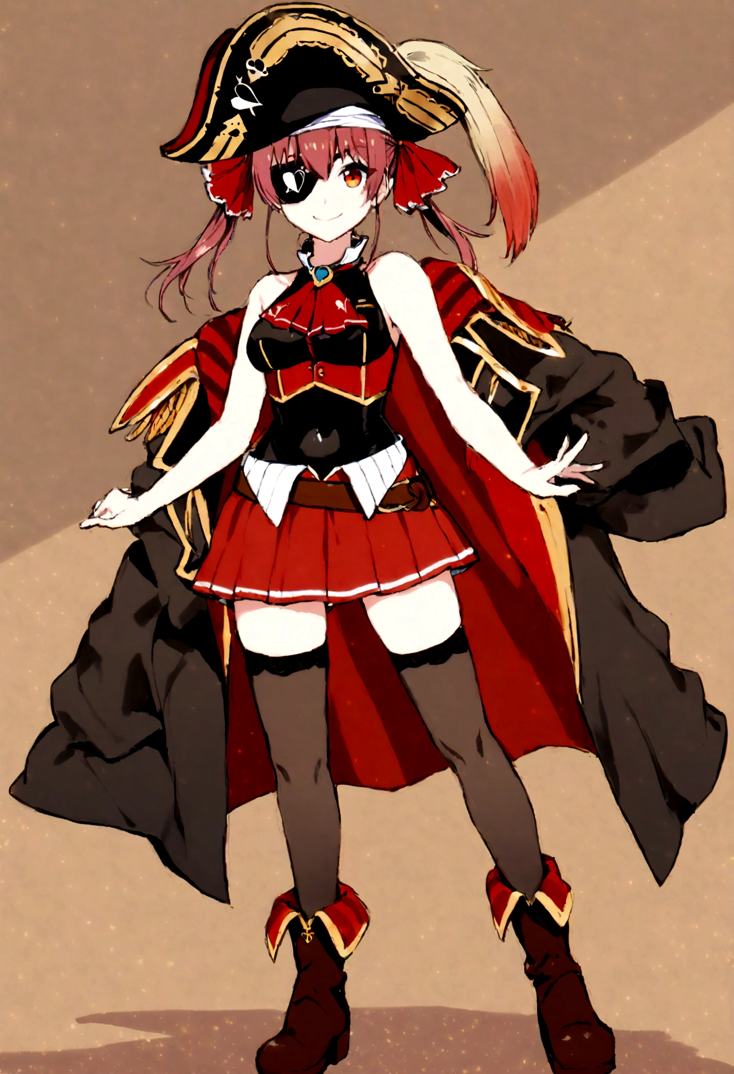 1girl, solo, full body, marine_pirate, hair ribbon, red ascot, red skirt, belt, leotard under clothes, covered navel, black leotard, sleeveless, black thighhighs, black coat, pirate hat, eyepatch, red eyes, smile, marine