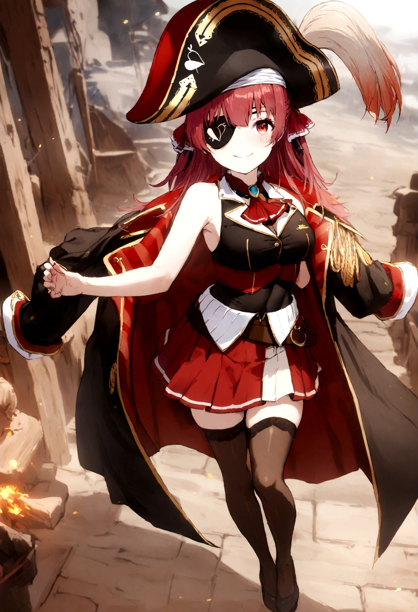 1girl, solo, full body, marine_pirate, hair ribbon, red ascot, red skirt, belt, leotard under clothes, covered navel, black leotard, sleeveless, black thighhighs, black coat, pirate hat, eyepatch, red eyes, smile, marine