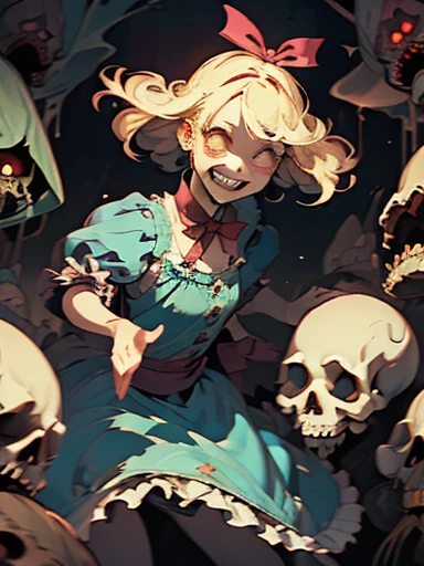 Gruesome and spooky details、An atmosphere full of suspense and tension、Psychological horror、Cute Smile、Mysterious and unsettling atmosphere、A terrifying moment、Nightmare scenario、Alice in Wonderland、Enthusiastic atmosphere、Mischievous Smile、Expressive gestures、Comical movement、Blonde、Light blue outfit
