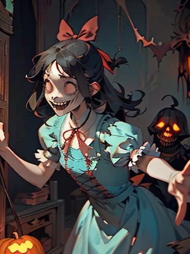 Gruesome and spooky details、An atmosphere full of suspense and tension、Psychological horror、Cute Smile、Mysterious and unsettling atmosphere、A terrifying moment、Nightmare scenario、Alice in Wonderland、Enthusiastic atmosphere、Mischievous Smile、Expressive gestures、Comical movement、Long straight black hair、Light blue outfit
