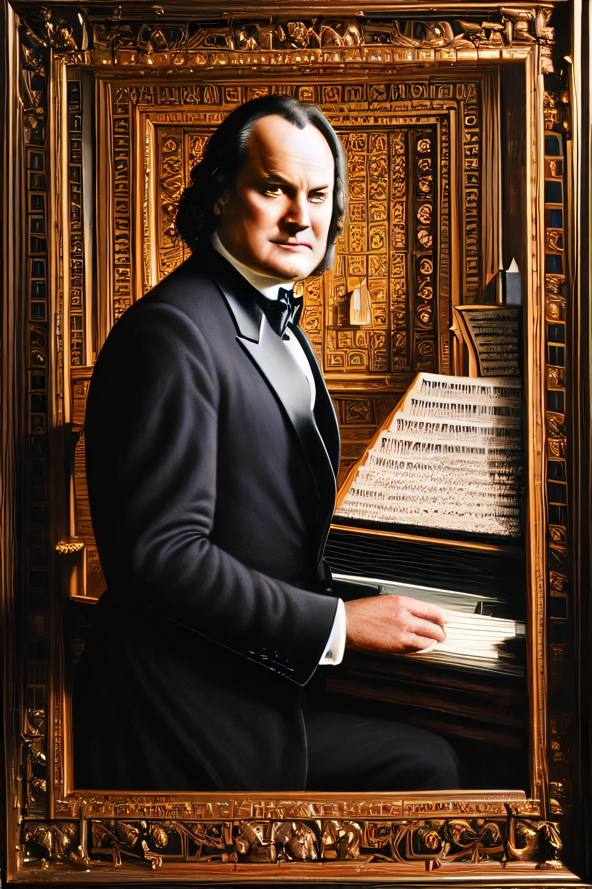 A man in a black suit, johan sebastian bach, composing music, detailed portrait, detailed hands, musical score, grand piano, classical music, ornate interior, oil painting, dramatic lighting, chiaroscuro, fine art, photorealistic, award winning, intricate detail, ultra-detailed, 8k, masterpiece