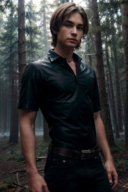 Chace Crawford, Tyler SimmsCollins, Teen Wolf, 18 years old, short messy light brown hair, green eyes, black shirt with black collar, leather belt, dark blue black jeans, silver moon pendant, black jeans, misty forest background in black.