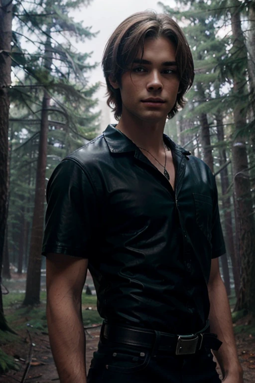 Benny Weir, Atticus Mitchel, Teen Wolf, 16 years old, short messy brown hair, blue eyes, ninja outfit with red bandana, silver moon pendant, black jeans, black misty forest background.
