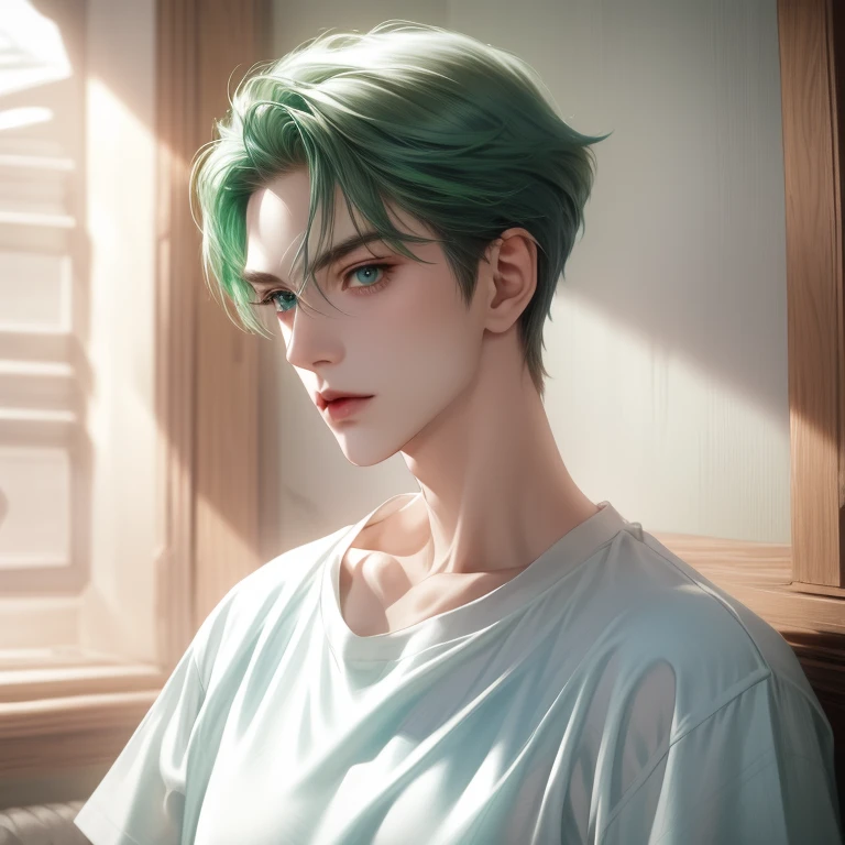 Boy, tosca hair, green eyes, sharp features, white skin, green t-shirt