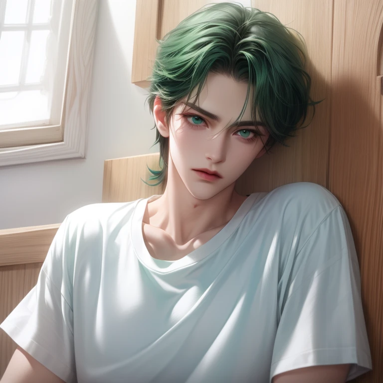 Boy, tosca hair, green eyes, sharp features, white skin, green t-shirt