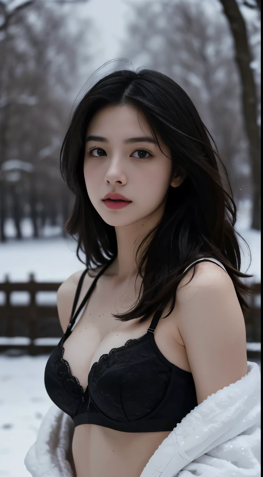 Best quality, masterpiece, ultra high res, (photorealistic:1.5), raw photo, 1girl, in the park, deep shadow, low key, cold light, sexy look, long hair, simple bra, winter, snow