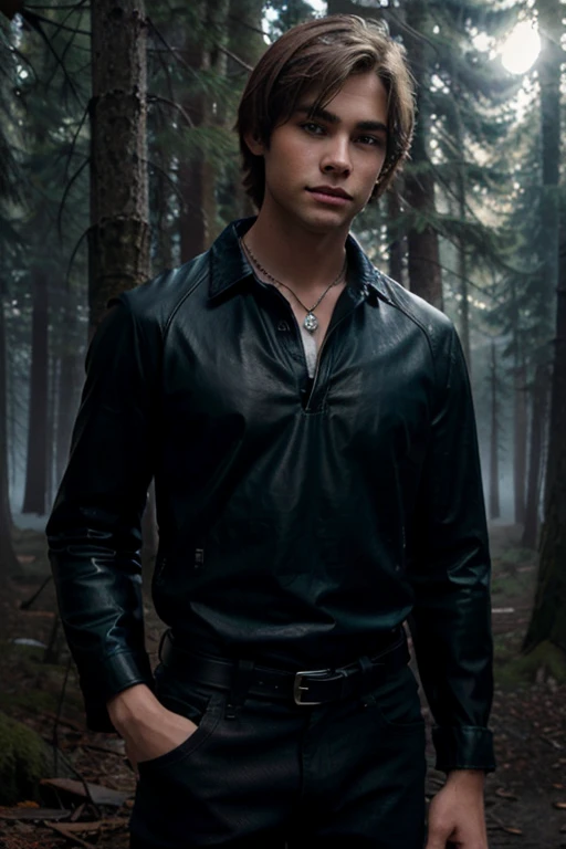 Chace Crawford, Tyler SimmsCollins, Teen Wolf, 18 years old, short messy light brown hair, green eyes, black shirt with black collar, leather belt, dark blue black jeans, silver moon pendant, black jeans, misty forest background in black.