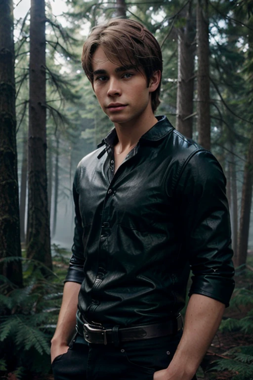 Chace Crawford, Tyler SimmsCollins, Teen Wolf, 18 years old, short messy light brown hair, green eyes, black shirt with black collar, leather belt, dark blue black jeans, silver moon pendant, black jeans, misty forest background in black.