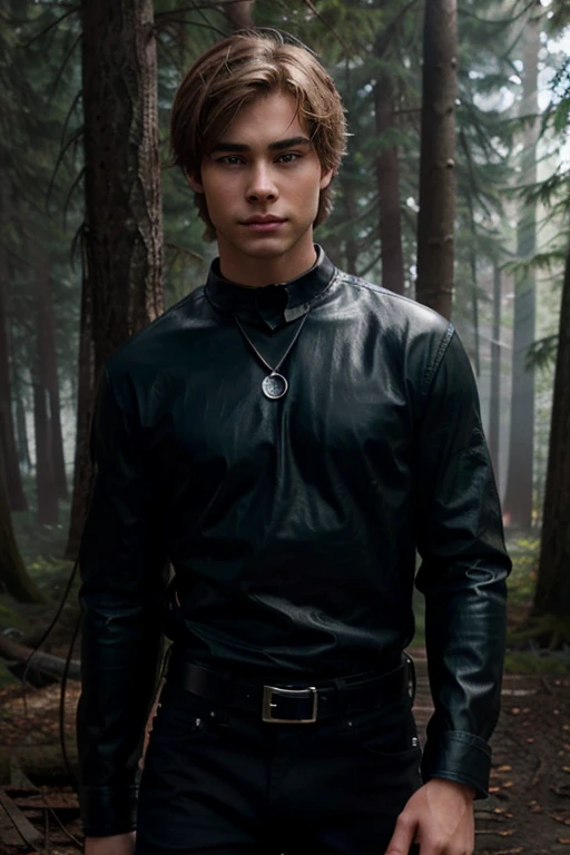 Chace Crawford, Tyler SimmsCollins, Teen Wolf, 18 years old, short messy light brown hair, green eyes, black shirt with black collar, leather belt, dark blue black jeans, silver moon pendant, black jeans, misty forest background in black.