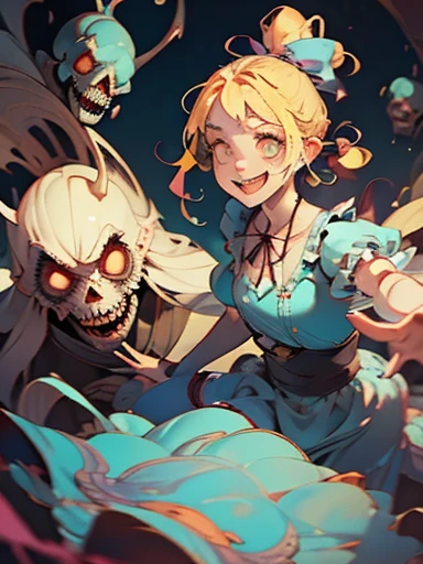 Cute Smile、Mysterious and unsettling atmosphere、A terrifying moment、Nightmare scenario、Alice in Wonderland、Enthusiastic atmosphere、Mischievous Smile、Expressive gestures、Comical movement、Blonde、Light blue outfit
