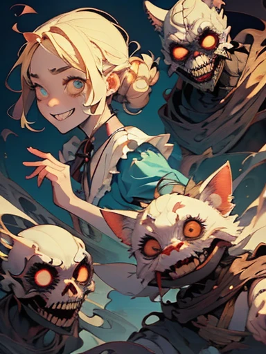 Cute Smile、Mysterious and unsettling atmosphere、A terrifying moment、Nightmare scenario、Alice in Wonderland、Enthusiastic atmosphere、Mischievous Smile、Expressive gestures、Comical movement、Blonde、Light blue outfit
