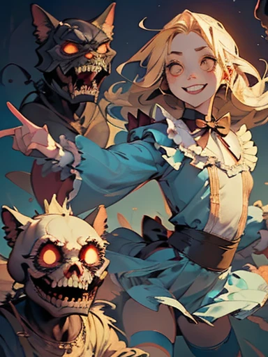 Gruesome and spooky details、An atmosphere full of suspense and tension、Psychological horror、Cute Smile、Mysterious and unsettling atmosphere、A terrifying moment、Nightmare scenario、Alice in Wonderland、Blonde、Big shoes、Enthusiastic atmosphere、Mischievous Smile、Expressive gestures、Comical movement、Psychedelic world