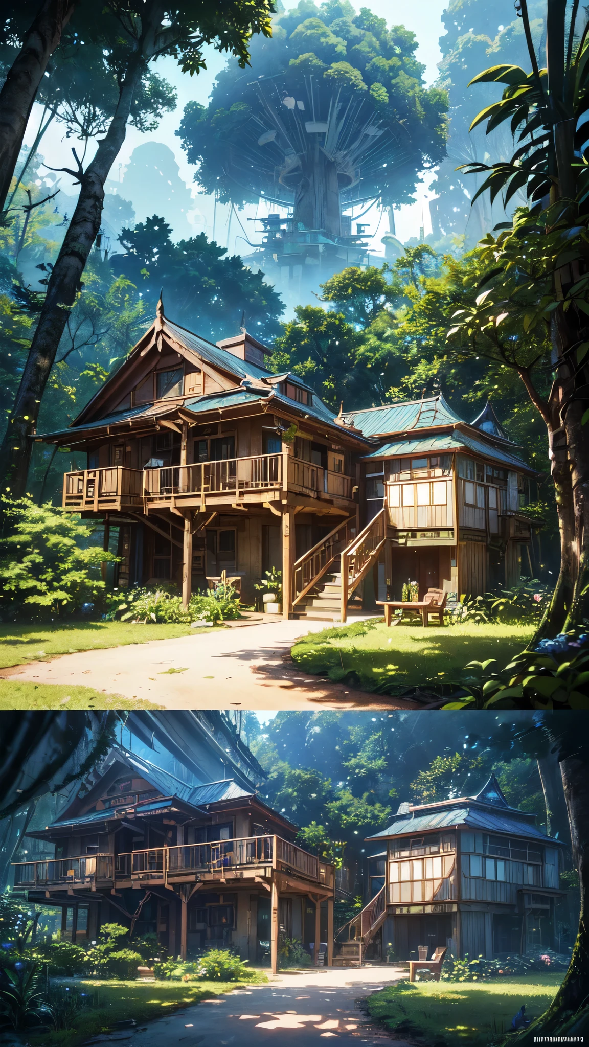 (beautiful tree house on a forest path,the house made up of forset,cyberpunk bloomcore flowers house,deconstruction architecture,biophilic desigchronism，Fantastic Tropical Rainforest Landscape,The lush tropical rainforest, the giant trees passing through the middle of the room:1.45)，Eclectic architecture,Art Nouveau architecture,High-tech architecture with many giant tree, beautiful ancient trees,hiding large treasure chest, serene evening atmosphere, soft lens, soft light, cel - shading, animation, in the style of cgsociety, deviantart, artstation, zbrush, cinema 4 d, studio ghibli, akihiko yoshida, atelier lulua, masamune shirow,
INFO, detailed eyes, detailed hands, detailed face