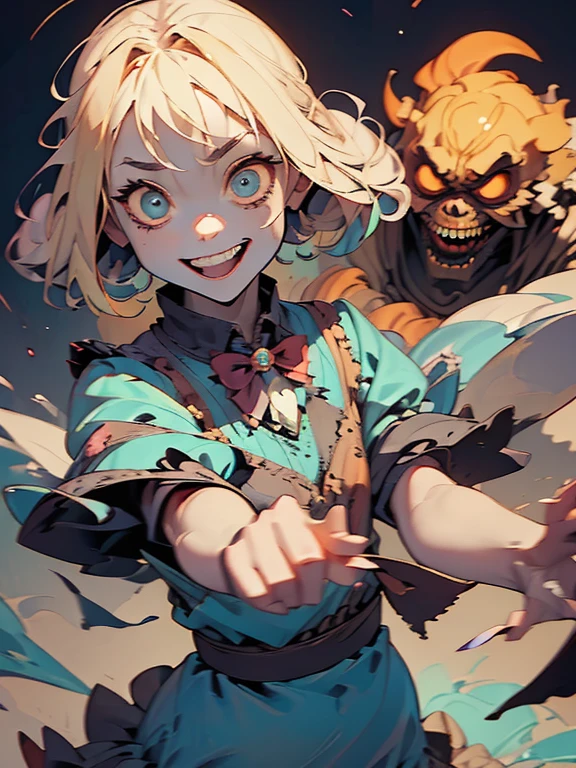 Cute Smile、Mysterious and unsettling atmosphere、A terrifying moment、Nightmare scenario、Alice in Wonderland、Enthusiastic atmosphere、Mischievous Smile、Expressive gestures、Comical movement、Blonde、Light blue outfit