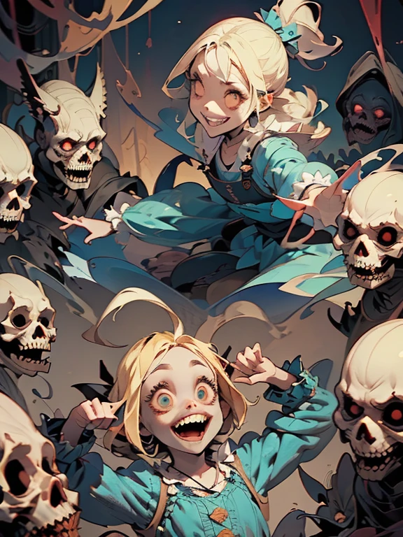 Cute Smile、Mysterious and unsettling atmosphere、A terrifying moment、Nightmare scenario、Alice in Wonderland、Enthusiastic atmosphere、Mischievous Smile、Expressive gestures、Comical movement、Blonde、Light blue outfit
