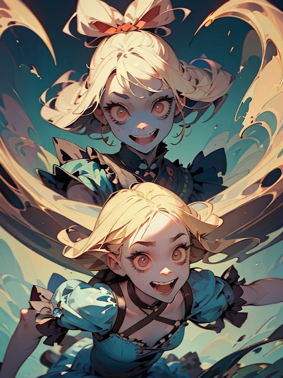 Cute Smile、Mysterious and unsettling atmosphere、A terrifying moment、Nightmare scenario、Alice in Wonderland、Enthusiastic atmosphere、Mischievous Smile、Expressive gestures、Comical movement、Blonde、Light blue outfit