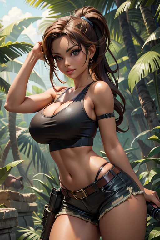 (masterpiece), best quality, expressive eyes, perfect face, (ancient ruins in deep jungle background), (standing), (smirk), (front view), (1girl, age 18+, Angelina Jolie, latina, dark skin, tanned skin, thick lips, brown hair, long hair, ponytail braid hairstyle, hazel eyes, hourglass figure, thin body, skinny body, large breasts, huge breasts, oppai, wide hips, big butt, round butt, thick thighs), (lara croft outfit, torn clothes, ripped clothes, black tanktop, croptop, sleeveless, torn military camouflage cargo minishorts, gun holster belt),