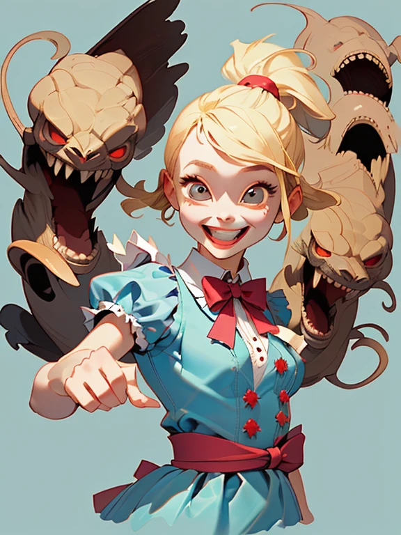 Cute Smile、Mysterious and unsettling atmosphere、Alice in Wonderland、Enthusiastic atmosphere、Mischievous Smile、Expressive gestures、Comical movement、Blonde、Light blue outfit、