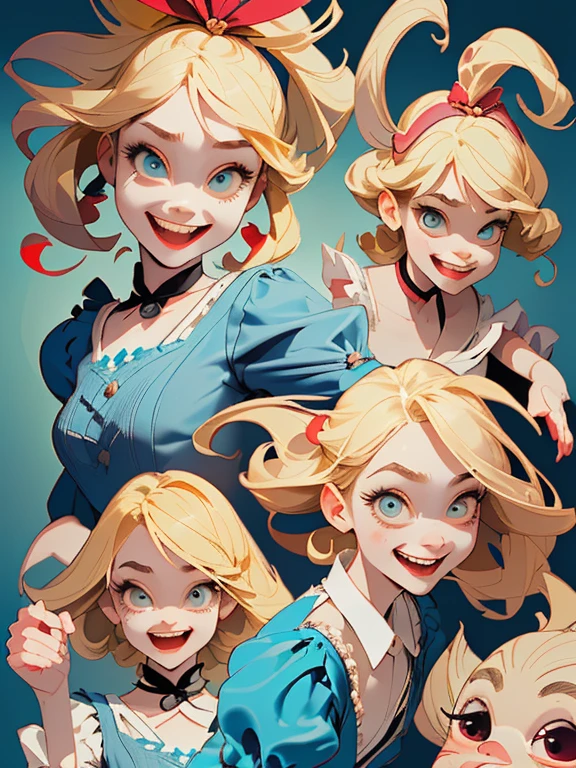 Cute Smile、Mysterious and unsettling atmosphere、Alice in Wonderland、Enthusiastic atmosphere、Mischievous Smile、Expressive gestures、Comical movement、Blonde、Light blue outfit、
