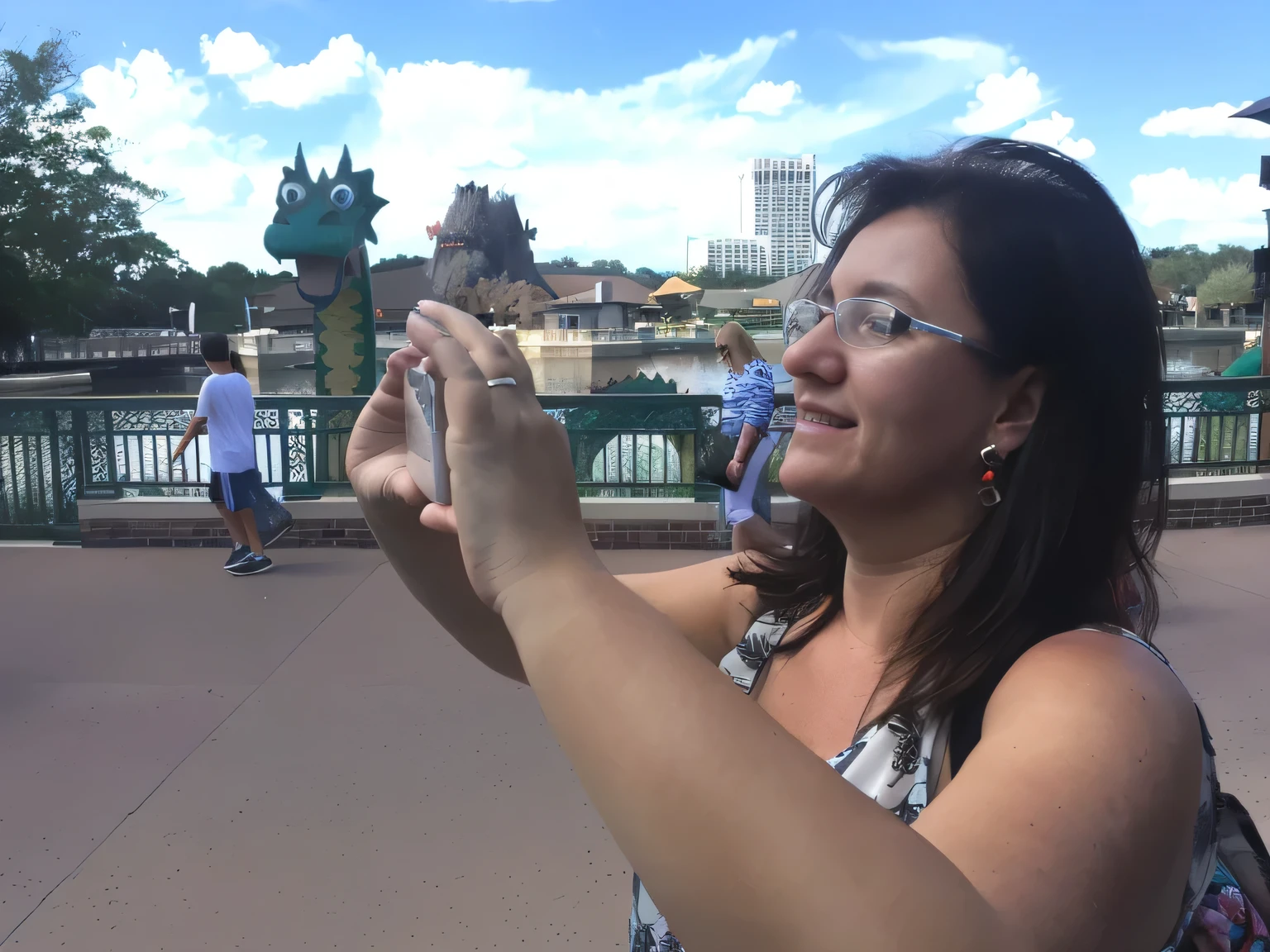 woman taking a picture of herself in front of a bridge, taking a picture, epcot, dragon in the background, tourist photo, vacation photo, very accurate photo, photo shoot, taking a selfie, selfie, scenic full shot, photo from the side, over-the-shoulder shot, portait photo, photo from behind, by Linda Sutton, pov photo, scenery