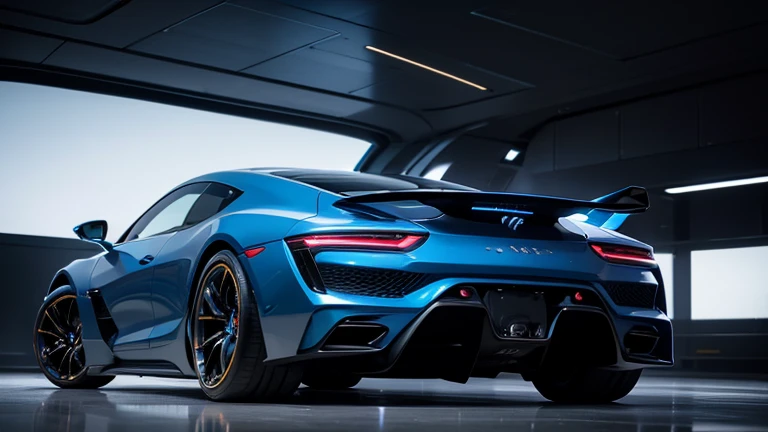 1 car, 2020s style, luxury sedan, rear view, fantasy, futuristic, intricate details, shiny metallic body, advanced technology, glowing lights, hovering, flying car, cinematic angle, dramatic lighting, vibrant colors, glossy finish, seamless design, sleek and elegant, advanced aerodynamics, curved silhouette, complex engineering, high-tech features