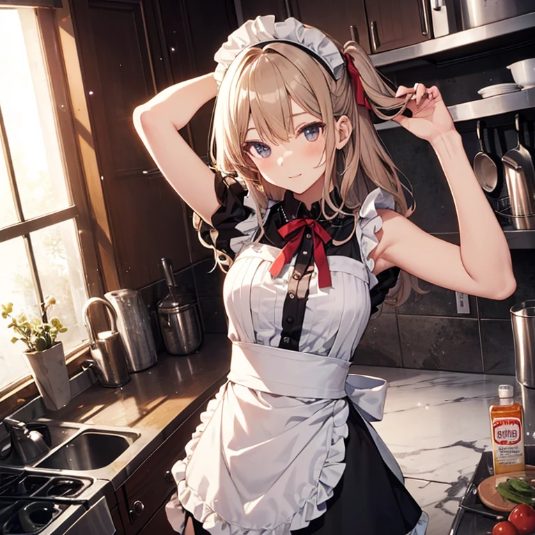 A maids, (in kitchen), various hair styles, night, details face, short skirt, seducing, sleeveless, maid uniform, armpits