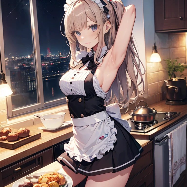 A maids, (in kitchen), various hair styles, night, details face, short skirt, seducing, sleeveless, maid uniform, armpits