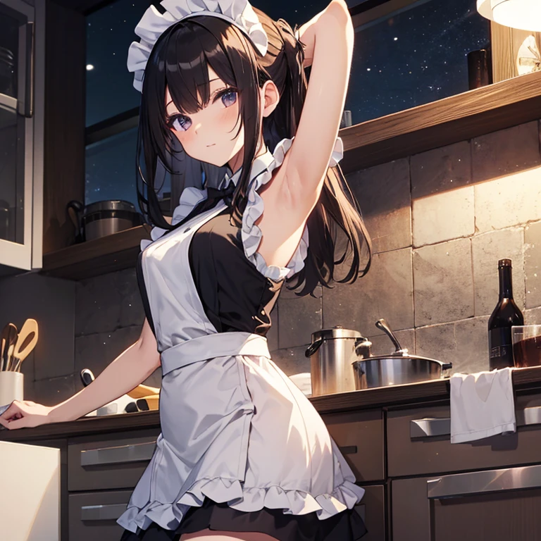 A maids, (in kitchen), various hair styles, night, details face, short skirt, seducing, sleeveless, maid uniform, armpits