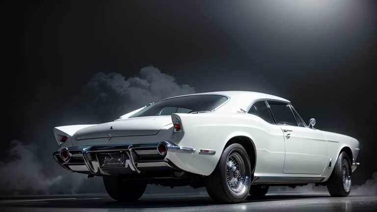 1960s luxury sedan, rear view, futuristic car, retro futuristic, hyper-detailed, high quality, photorealistic, cinematic lighting, volumetric fog, intricate details, chrome accents, glossy paint, elegant design, dynamic composition, dramatic shadows, moody atmosphere, vibrant colors