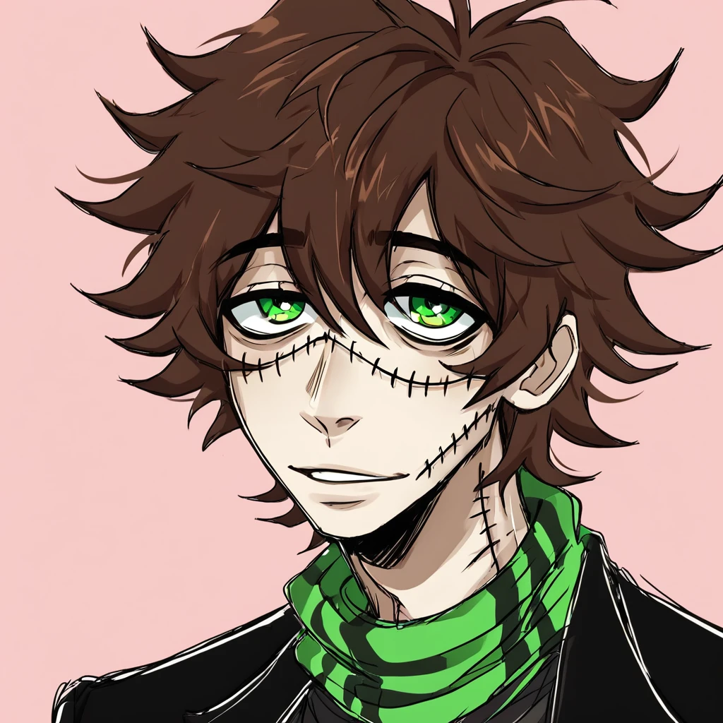 1man,mature male,  stitches, scarf, brown hair, green eyes, coat, halfbody, pink background, grunge, sketchy lines, messy hair