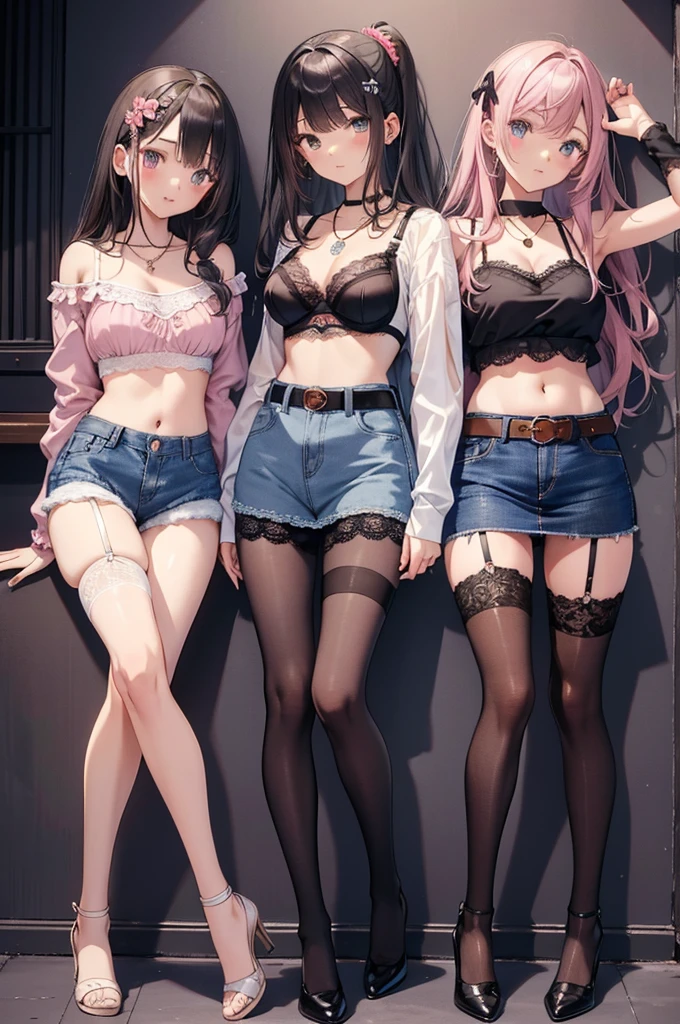 masterpiece, highest quality, pretty girl, 16 , Scrunchie hair ornament, denim pencil mini skirt, pantyhose, Leg belt, necklace, skinny , Pink and black bra,((showing off lace panties)),Aquarium