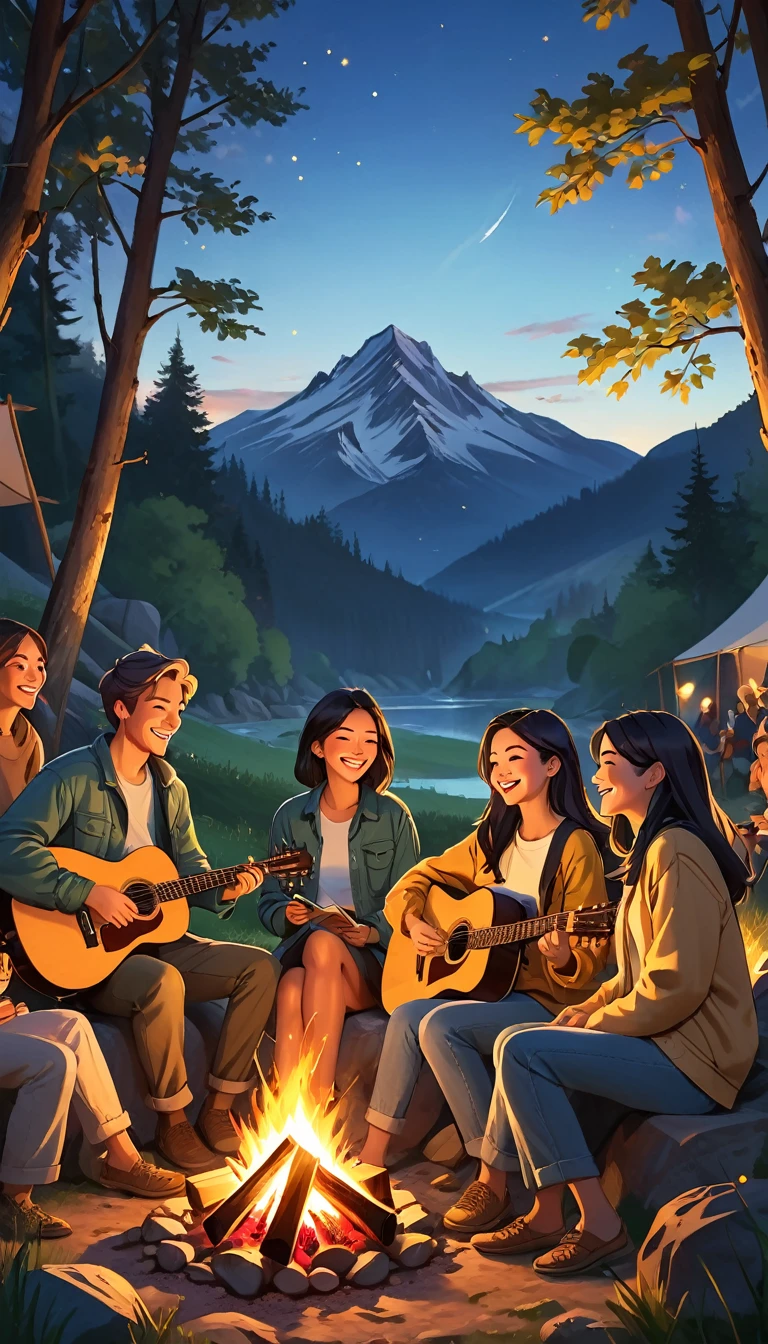 A young woman, with a modern and relaxed hair style, is sitting next to a campfire, playing a guitar with a group of friends. The light of the bonfire illuminates your face, creating a cozy and intimate environment. She seems relaxed and happy, immersed in the music and in the company of her loved ones. Around them, nature extends, with trees and mountains in the background, creating a bucolic and serene setting. The scene conveys a sense of freedom, fun and connection between friends, who enjoy a moment of relaxation and joy together.