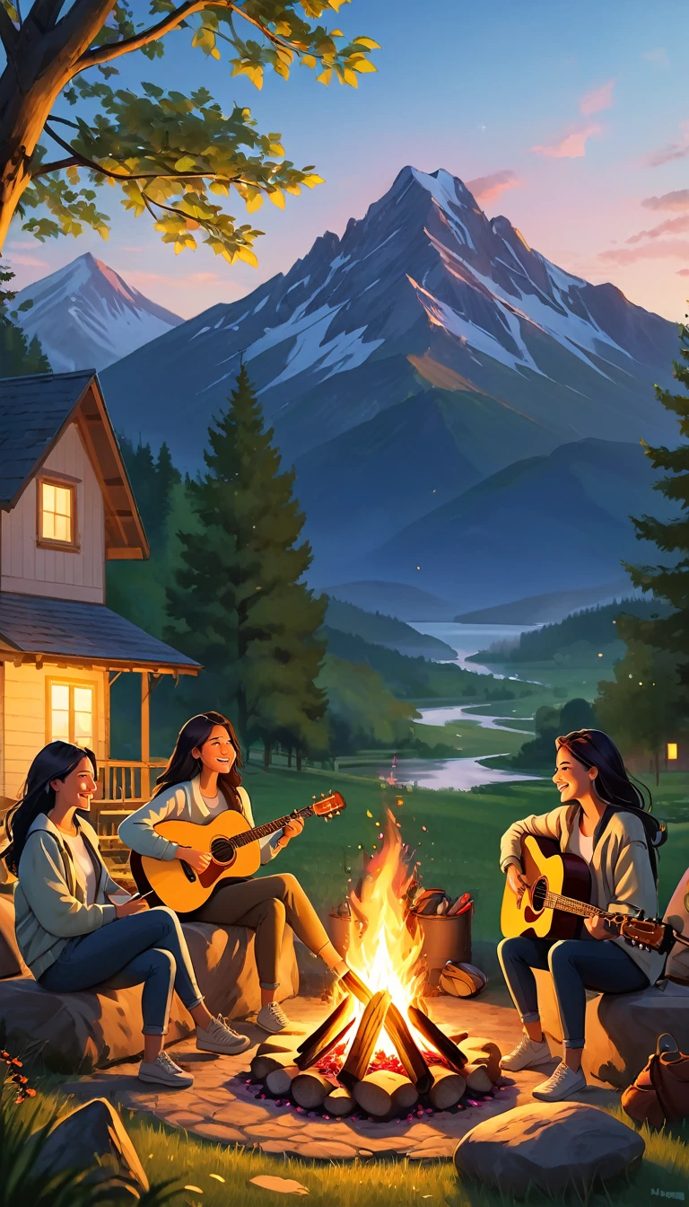 A young woman, with a modern and relaxed hair style, is sitting next to a campfire, playing a guitar with a group of friends. The light of the bonfire illuminates your face, creating a cozy and intimate environment. She seems relaxed and happy, immersed in the music and in the company of her loved ones. Around them, nature extends, with trees and mountains in the background, creating a bucolic and serene setting. The scene conveys a sense of freedom, fun and connection between friends, who enjoy a moment of relaxation and joy together.