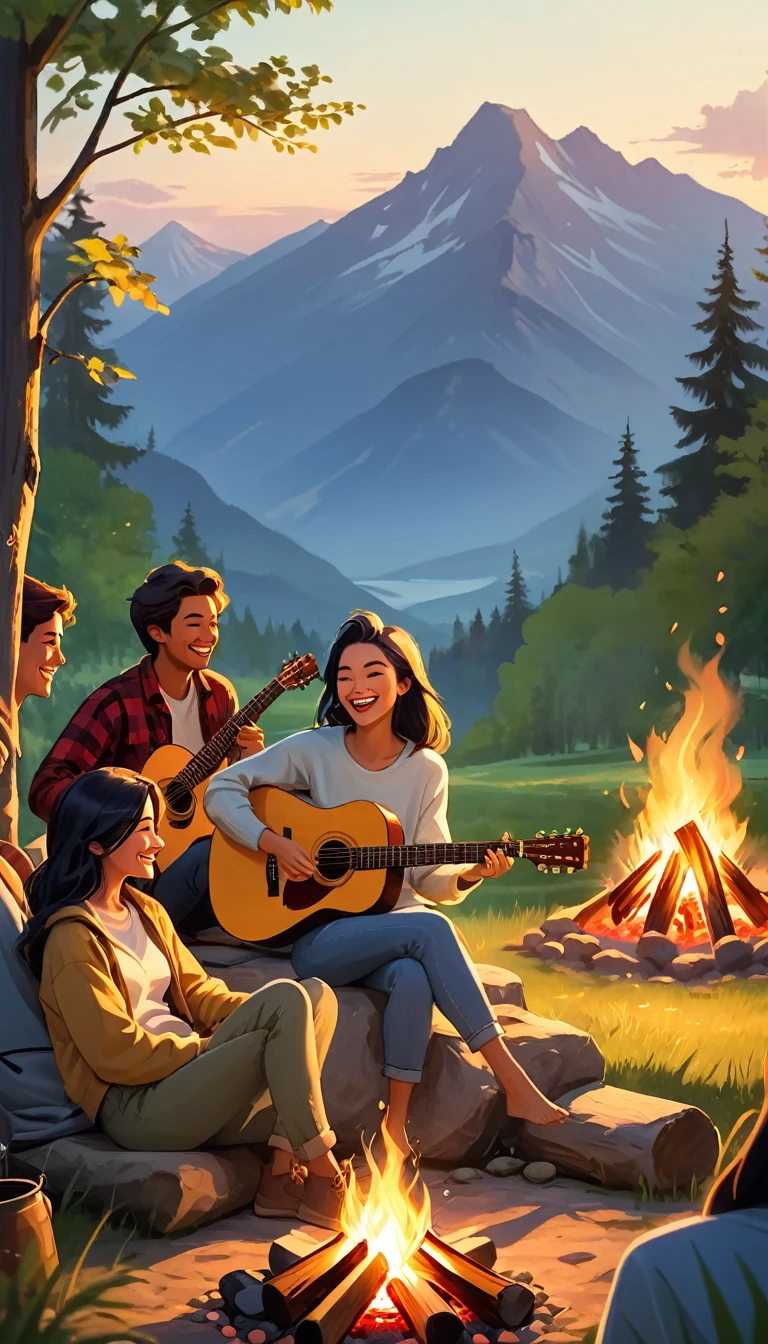 A young woman, with a modern and relaxed hair style, is sitting next to a campfire, playing a guitar with a group of friends. The light of the bonfire illuminates your face, creating a cozy and intimate environment. She seems relaxed and happy, immersed in the music and in the company of her loved ones. Around them, nature extends, with trees and mountains in the background, creating a bucolic and serene setting. The scene conveys a sense of freedom, fun and connection between friends, who enjoy a moment of relaxation and joy together.