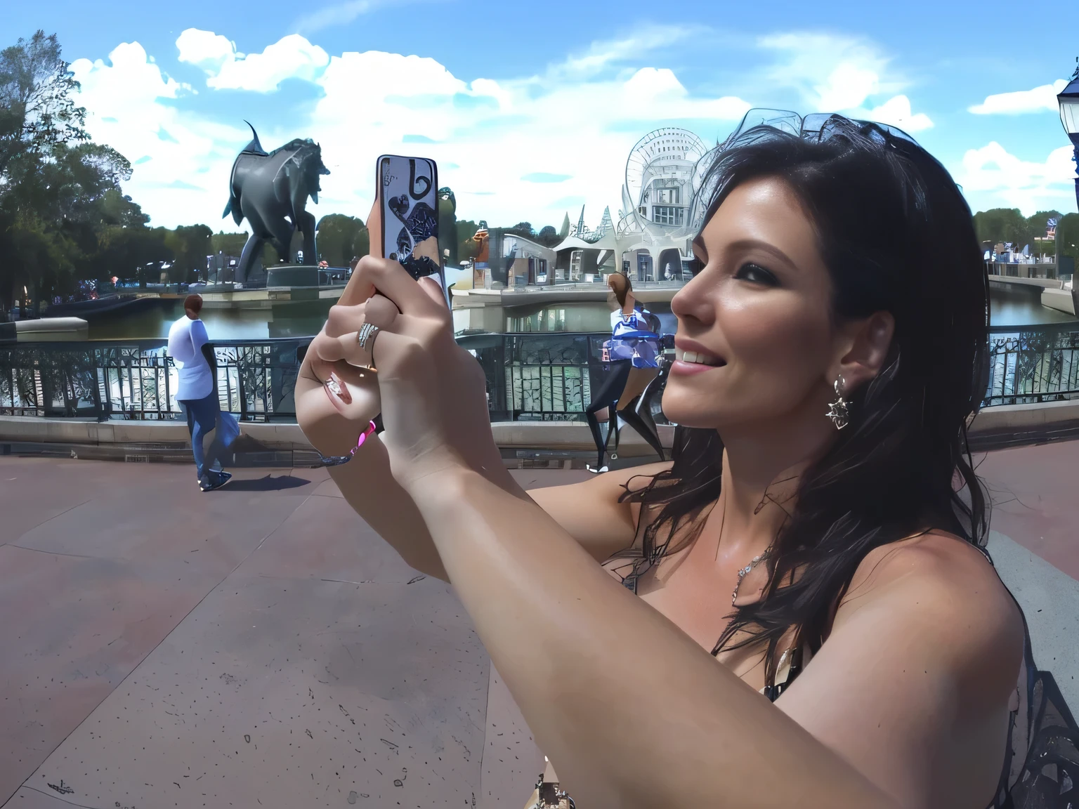 woman taking a photo of herself in front of a bridge, taking a photo, Disney Spring, Orlado - USA, dragon in the background, tourist photo, vacation photo, very accurate photo, photo shoot, taking a selfie, selfie, photo full panoramic, side shot, over the shoulder shot, portrait shot, back shot, scenery.

A beautiful woman, with white skin and dark brown hair. She is about 45 years old, 165 cm tall and weighs 56 kg. She had modeled legs, perfect legs, toned legs, perfect mouth, medium breasts, perfect face. Her body exudes glamor and her face is a definition of beauty. Slender body, thin waist. Highly realistic, hyperrealism, very elaborate skin. Clear photo, high resolution, high quality, masterpiece, 16K photo, high contrast, masterpiece, NUDE, NUDITY, NFSW.