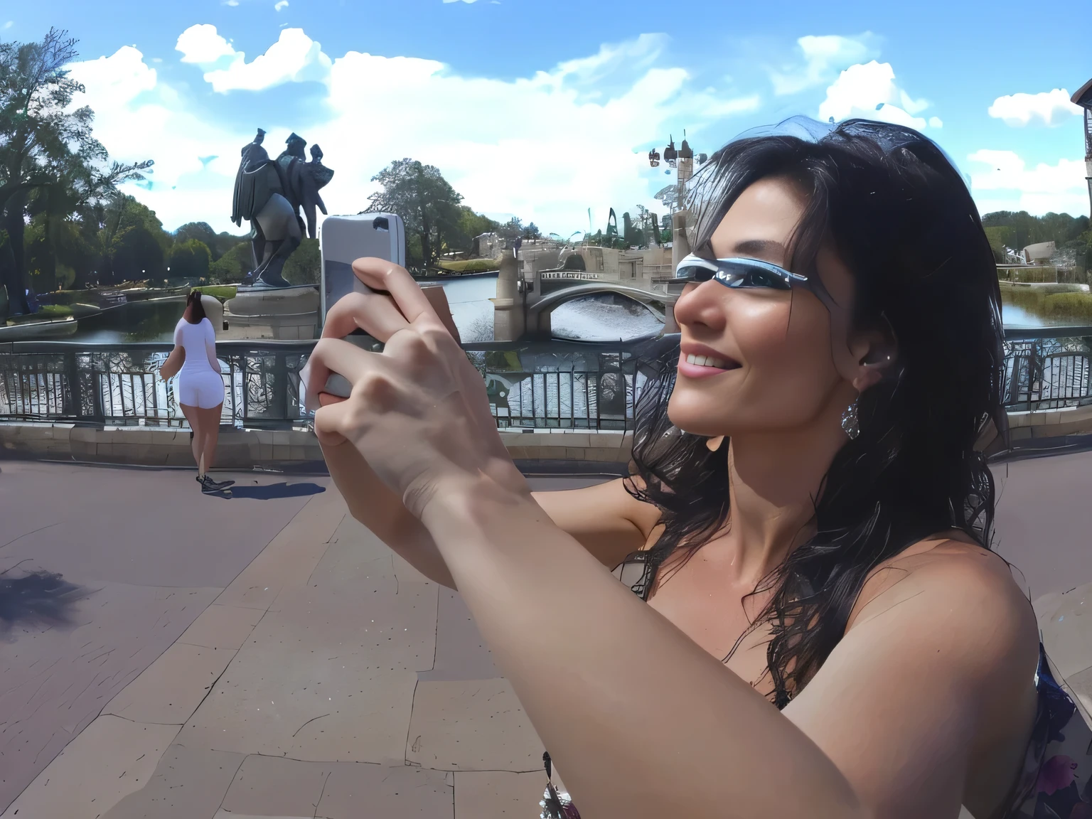 woman taking a photo of herself in front of a bridge, taking a photo, Disney Spring, Orlado - USA, dragon in the background, tourist photo, vacation photo, very accurate photo, photo shoot, taking a selfie, selfie, photo full panoramic, side shot, over the shoulder shot, portrait shot, back shot, scenery.

A beautiful woman, with white skin and dark brown hair. She is about 45 years old, 165 cm tall and weighs 56 kg. She had modeled legs, perfect legs, toned legs, perfect mouth, medium breasts, perfect face. Her body exudes glamor and her face is a definition of beauty. Slender body, thin waist. Highly realistic, hyperrealism, very elaborate skin. Clear photo, high resolution, high quality, masterpiece, 16K photo, high contrast, masterpiece, NUDE, NUDITY, NFSW.