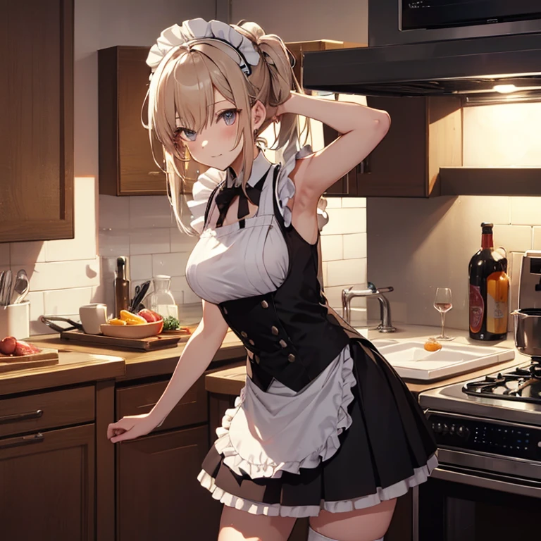A maids, (in kitchen), various hair styles, night, details face, short skirt, seducing, sleeveless, maid uniform, armpits