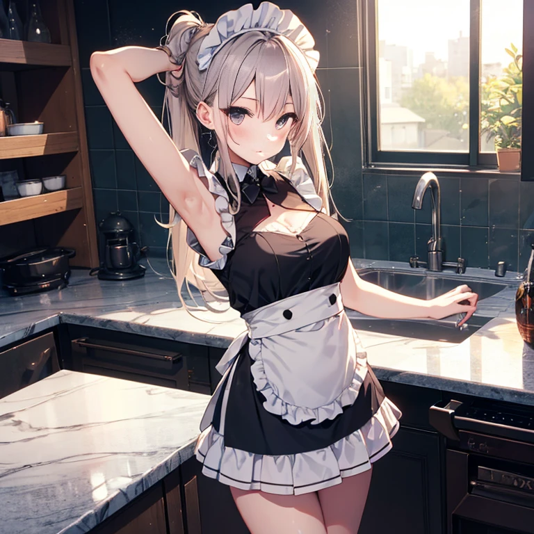 A maids, (in kitchen), various hair styles, night, details face, short skirt, seducing, sleeveless, maid uniform, armpits