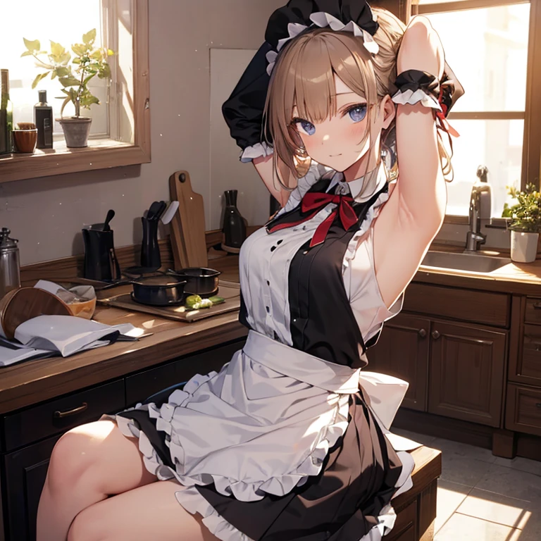 A maids, (in kitchen), various hair styles, night, details face, short skirt, seducing, sleeveless, maid uniform, armpits