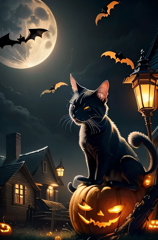 A dark, spooky night sky with a full moon, bats flying, eerie trees, fog, haunted house, pumpkins, jack-o-lanterns, black cats, witches, haunted forest, glowing eyes, creepy crawlies, cobwebs, gloomy atmosphere, dramatic lighting, vibrant colors, cinematic composition, highly detailed, photorealistic, (best quality,4k,8k,highres,masterpiece:1.2),ultra-detailed,(realistic,photorealistic,photo-realistic:1.37)