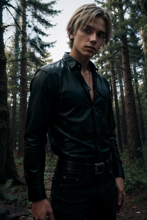 John Robinson, Aaron, Teen Wolf, 18 years old, short messy light blonde hair, green eyes, black shirt with black collar, leather belt, dark blue black jeans, silver moon pendant, black jeans, black misty forest background .