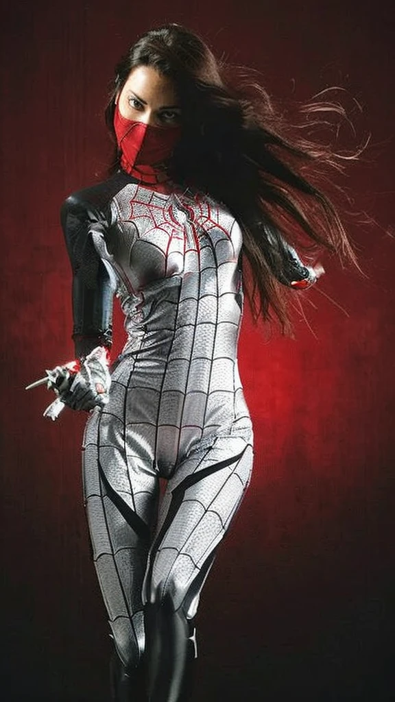 A close-up of a woman in a silver and red suit, ( ( Spiderwoman ) ), Armure moulante en cuir rouge, Red Biomechanical Coat, Armure en cuir moulante rouge, Spiderwoman!!, Armure en cuir rouge, Spiderwoman!!!!!, Silver Armor and Red Clothing, Red demonic armor, Armure blanche et rouge, Lara Croft: Spiderwoman, Dame en armure rouge