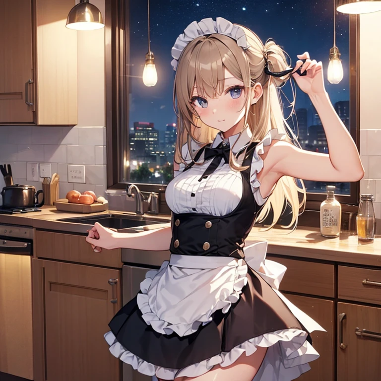 A maids, (in kitchen), various hair styles, night, details face, short skirt, seducing, sleeveless, maid uniform, armpits