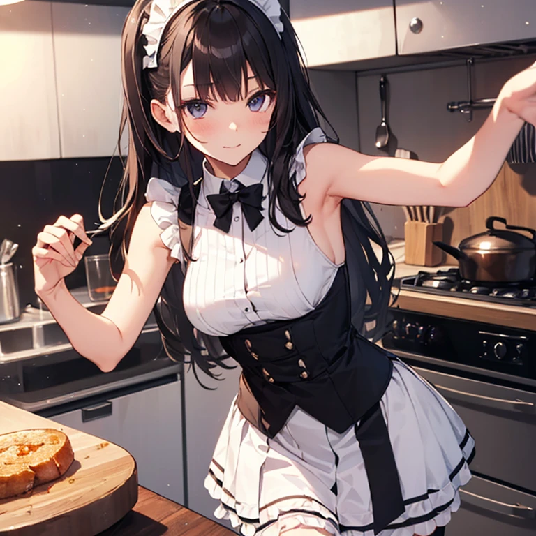A maids, (in kitchen), various hair styles, night, details face, short skirt, seducing, sleeveless, maid uniform, armpits