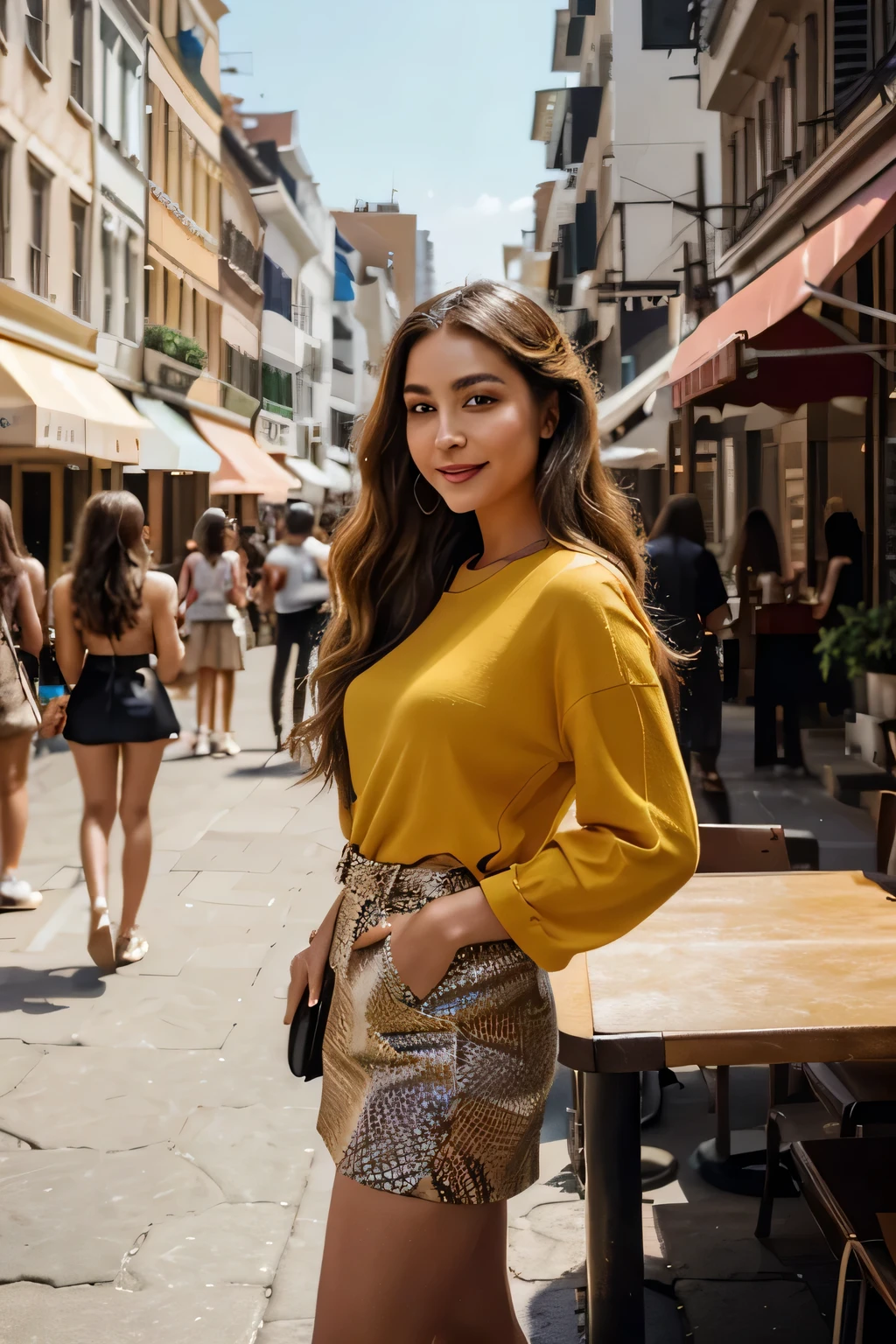 A chic and trendy Instagram influencer, her chestnut waves cascading effortlessly as she sips a cocktail in the bustling city among friends. This vivid portrait captures her radiant smile and fashionable outfits, perfectly curated for the occasion. The image exudes an aura of glamour and social enjoyment, ideal for a fashion magazine spread or a lifestyle website feature. Every detail, from the sun-kissed highlights in her hair to the vibrant hues of the cityscape in the background, is impeccably portrayed with a touch of artistic flair. This stunning depiction showcases a modern, stylish woman basking in the vibrant energy of her urban surroundings.