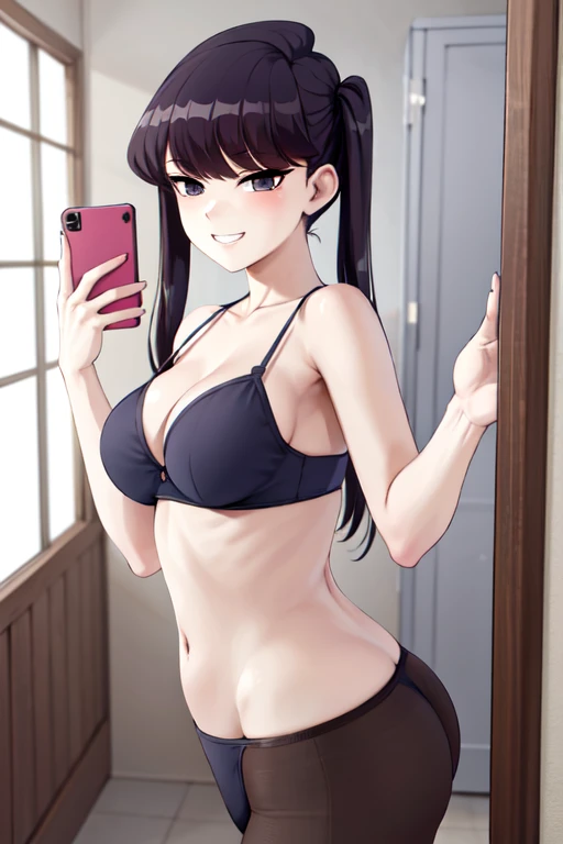 masterpiece, best quality, 1girl, solo, komi-san wa komyushou desu , long twintails hair, slim body:1.5, show ass:.1.5, black bikini:1.2, looking at viewer, bathroom:1.2, grin smile:1.3, teeth, standing:1.2, selfie in mirror:1.3,