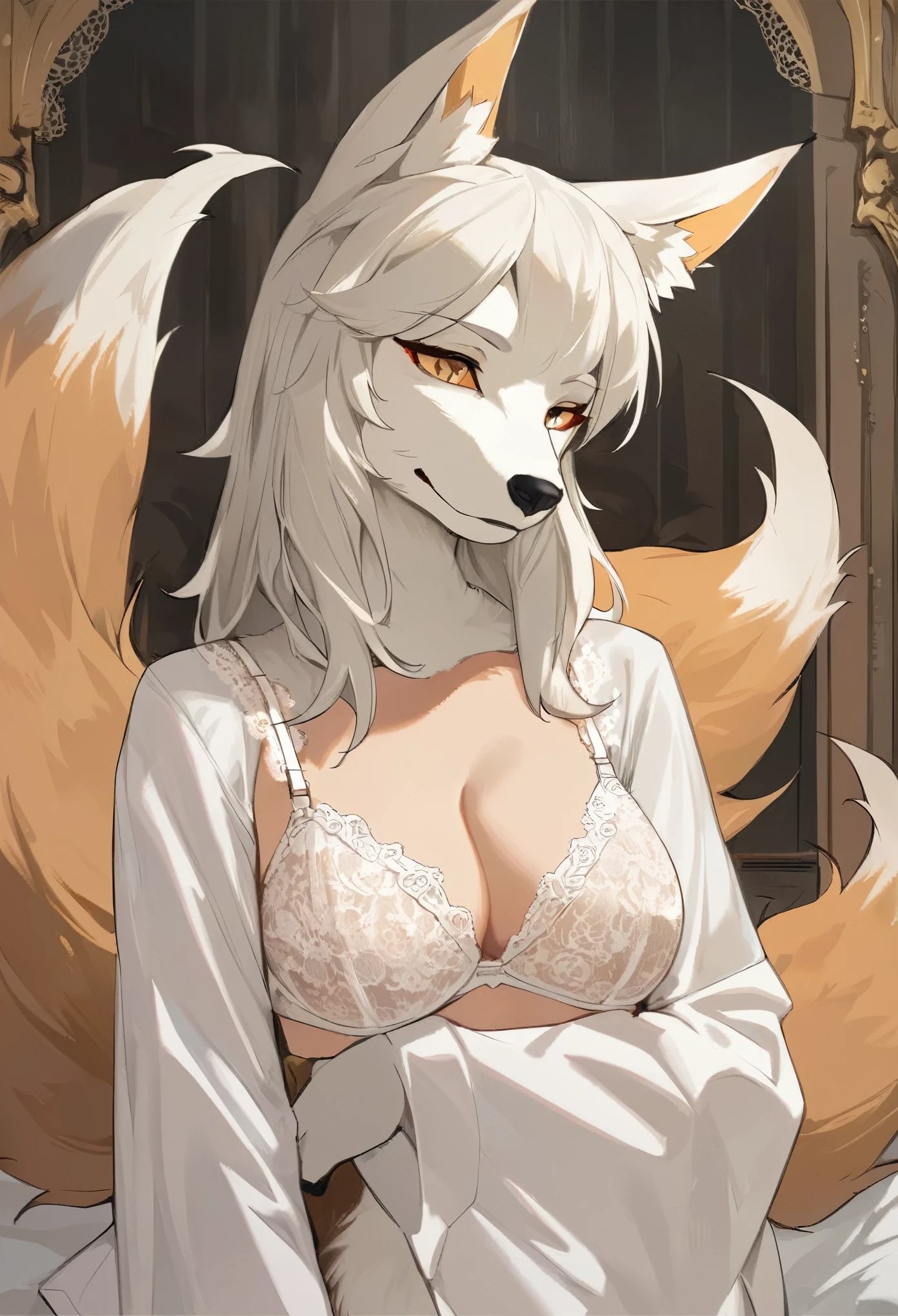 (hi res), ((Masterpiece)) , ((Best Quality)), illustartion, woman's, Fox, average breasts, upper body, furry, modest, with lace lingerie,