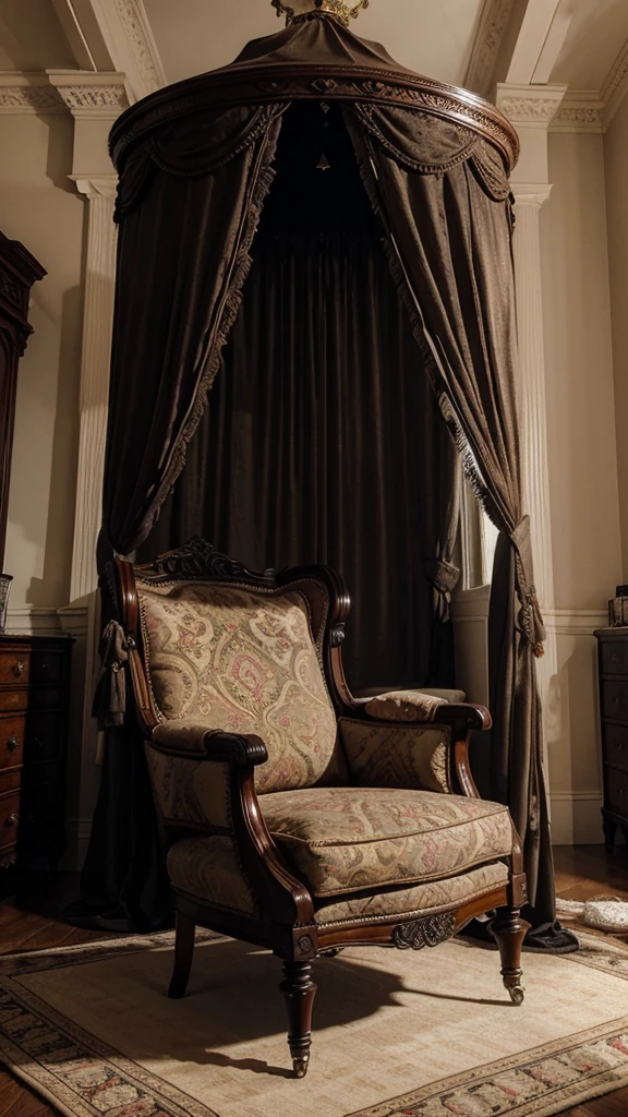 "An intricate, antique-looking chair designed for intimate activities, placed in a sumptuous Victorian-era bedroom with rich, heavy drapes and ornate furniture."
