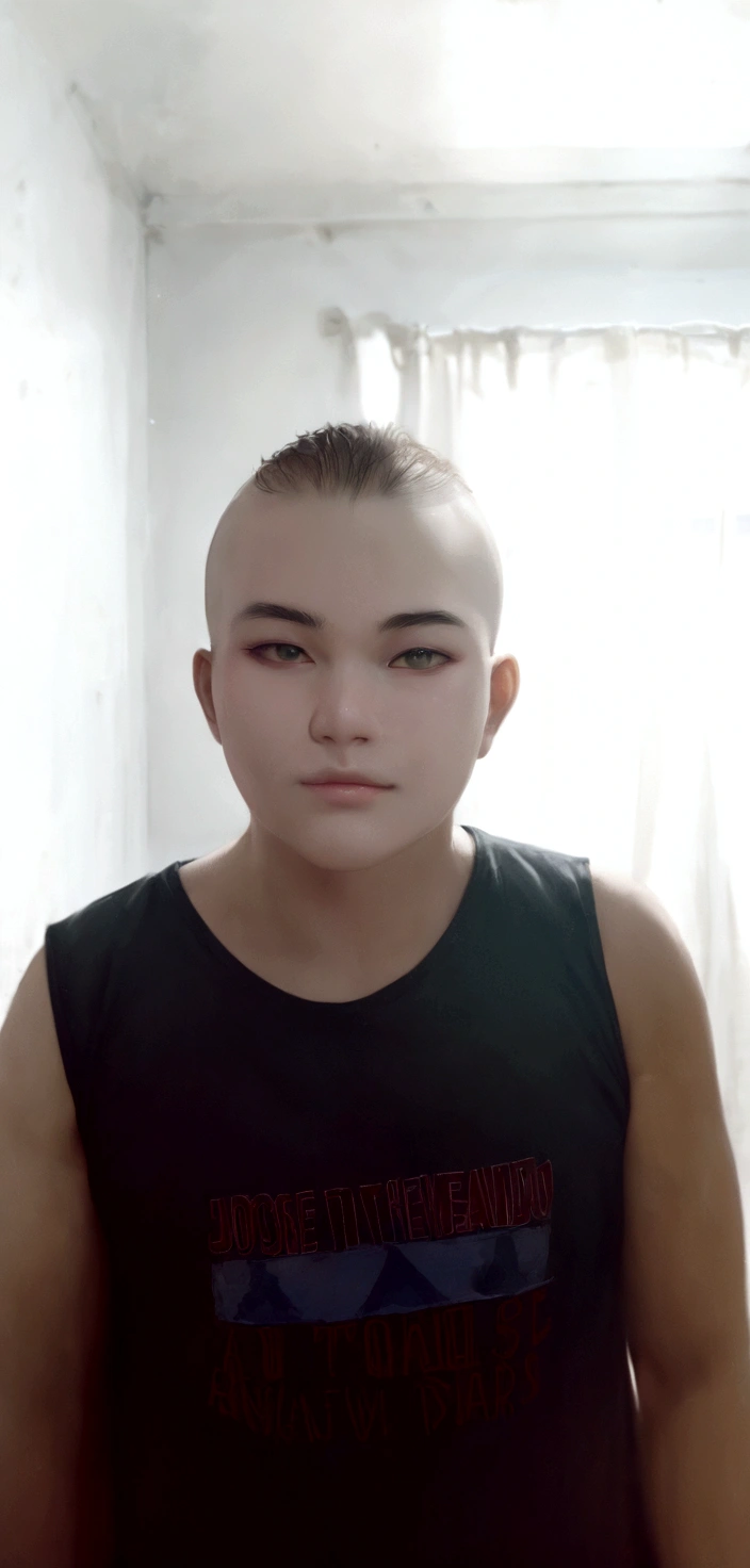 there is a man with a shaved head and a black shirt, cerca de 19 anos, tommy 1 6 anos, rosto raspado, André Rios, foto realista, 1 6 anos, 18 anos de idade, José Miguel remains French, Adim Kashin, retrato de um menino de 15 anos, rosto raspado, imagem frontal