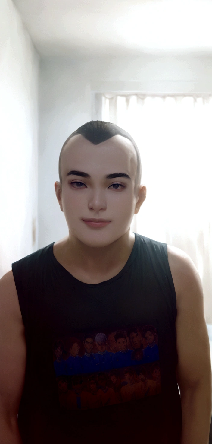 there is a man with a shaved head and a black shirt, cerca de 19 anos, tommy 1 6 anos, rosto raspado, André Rios, foto realista, 1 6 anos, 18 anos de idade, José Miguel remains French, Adim Kashin, retrato de um menino de 15 anos, rosto raspado, imagem frontal